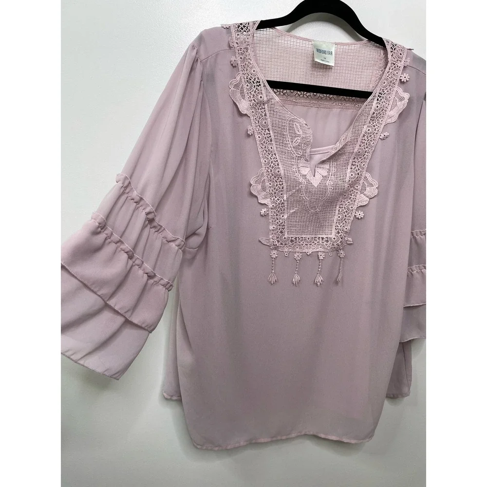 Bedford Fair Mauve Crochet Lace Ruffle Sleeve Blouse Camisole 1X Boho Rose 2 pc